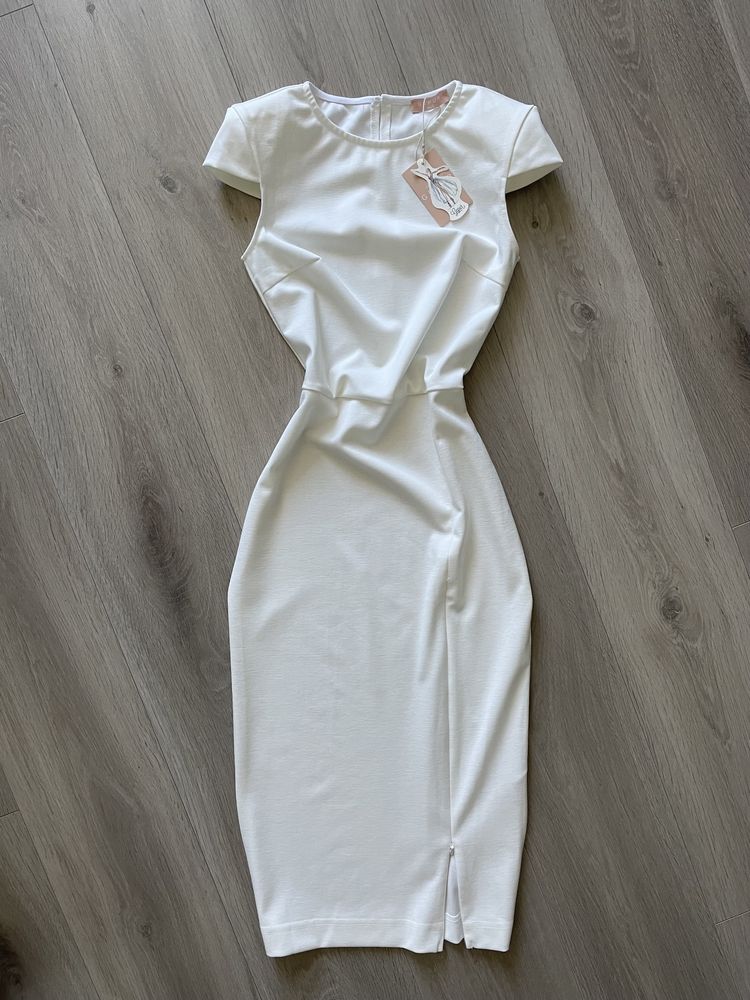 Белое платье zara миди до колен футляр с разрезом gepur