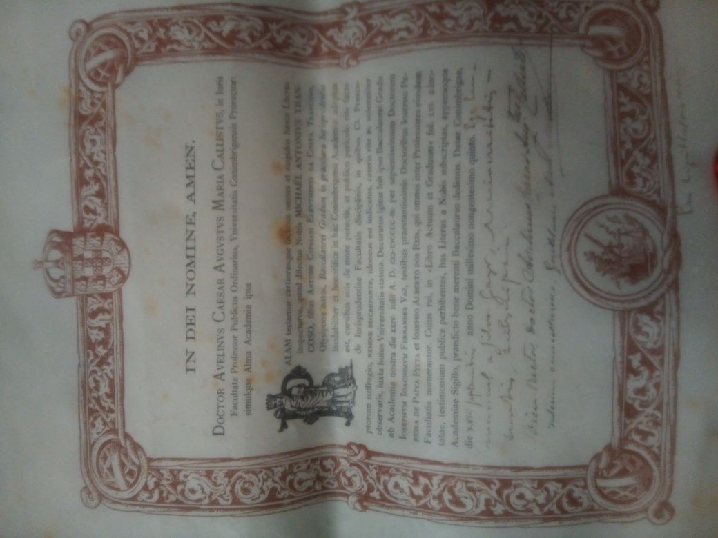 Antigo diploma 1908 Conímbriga completo com selo em prata