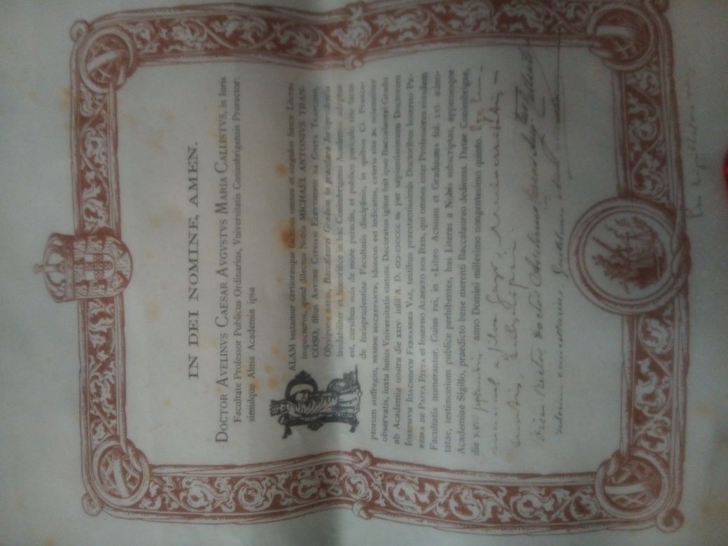 Antigo diploma 1908 Conímbriga completo com selo em prata