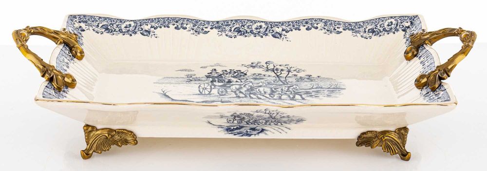 Dekoracyjna Stylowa Taca Misa Ceramiczna Biała Złota Na Nóżkach 182439