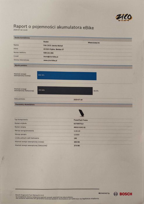Akumulator bateria Bosch Powerpack 400 Wh na ramę, 195 cykli,  93,5%