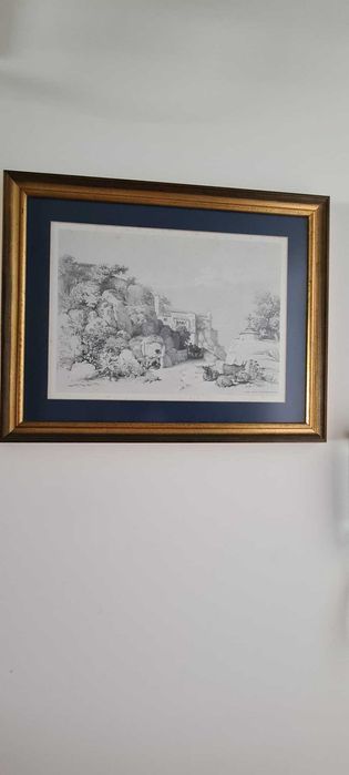 8 Gravuras com moldura em madeira azul e dourada