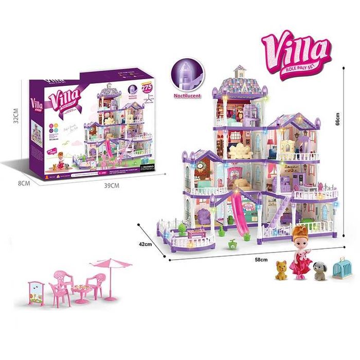 Чотирох поверховий ляльковий будинок з меблями та підсвіткою