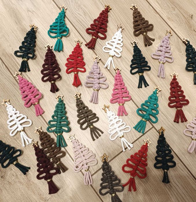 Kolorowe ozdoby na choinkę ze sznurka makrama handmade gwiazdki święta