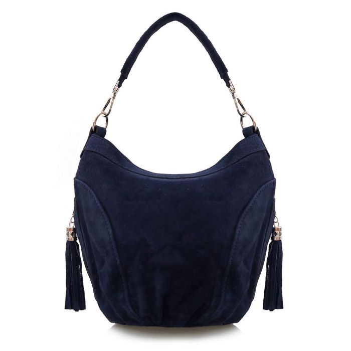 VERA PELLE torebka damska zamszowa worek z frędzelkami V322 granatowa