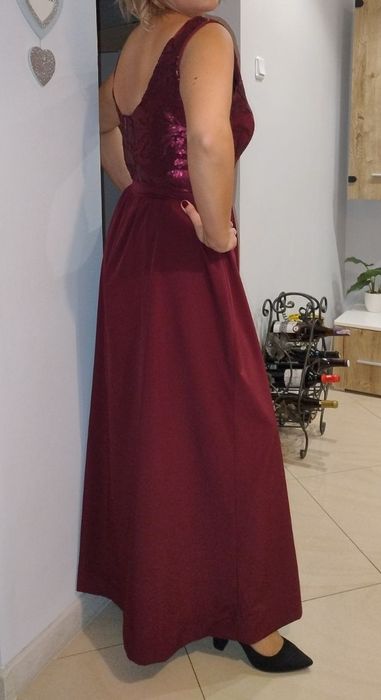 Długa elegancka bordowa sukienka z rozporkiem karnawał wesele 38/40