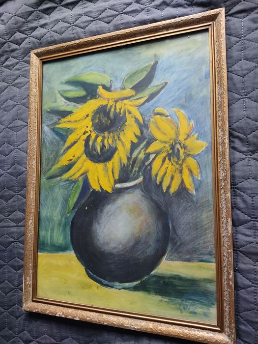 "Słoneczniki"-przepiękny obraz -akwarela za szkłem!