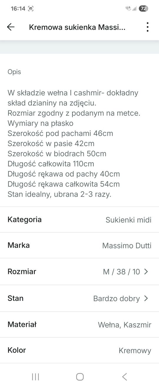 Kremowa sukienka Massimo Dutti 38/M