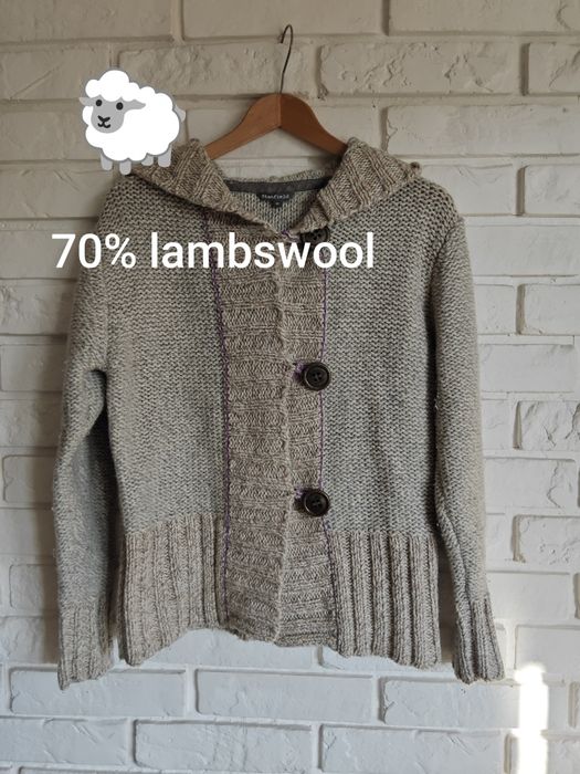 Gruby beżowy sweter wełniany z kapturem na guziki 70% wool stanfield.