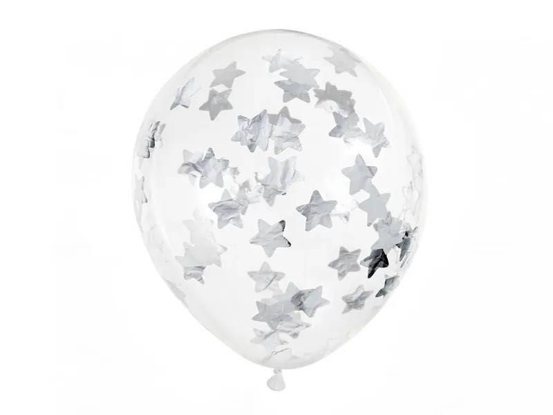 Balony z konfetti - gwiazdki, 30cm, srebrny (1 op. / 6 szt.) x 5