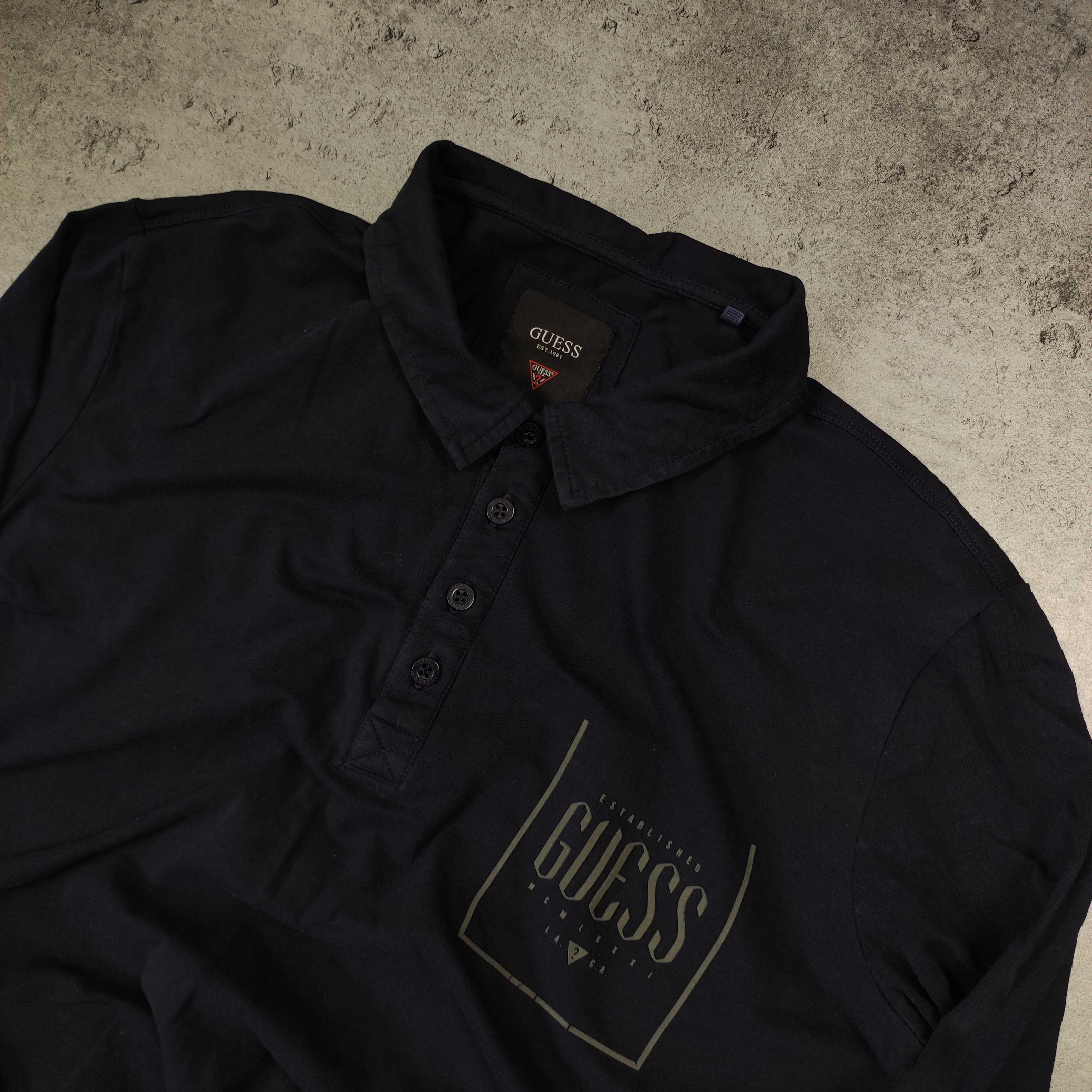 MĘSKA Elegancka Koszulka POLO Długi Rękaw Kołnierzyk Granat Guess USA