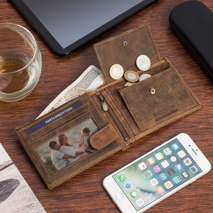 Portfel skórzany męski brązowy nubuk poziomy skóra ciężarówka RFiD