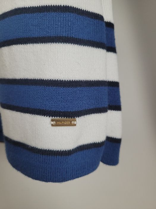 Ciepły damski sweter dekolt łódka Tommy Hilfiger r.M 38 biały niebiesk