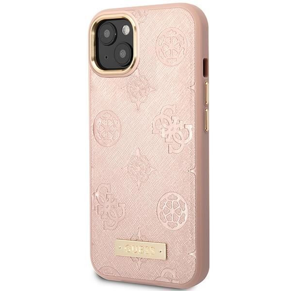 Pokrowiec Guess Peony Logo Plate na iPhone 14 - Różowy z MagSafe