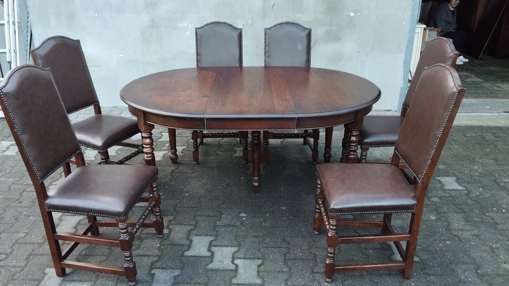 Piękny porządny stół rozkładany dębowy plus 6 krzeseł że skórą natural