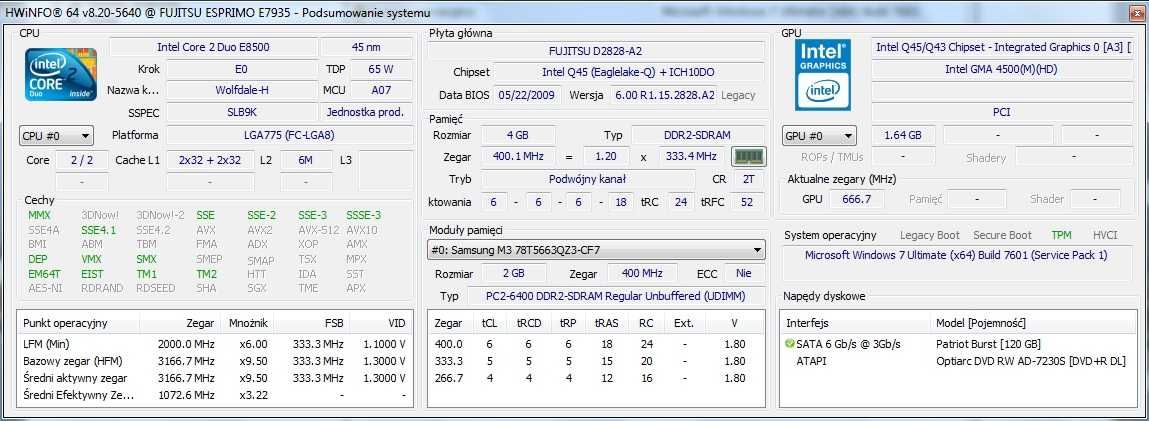 Komputer SFF Fujitsu Esprimo E7935 E z dyskiem SSD, WIndows 7