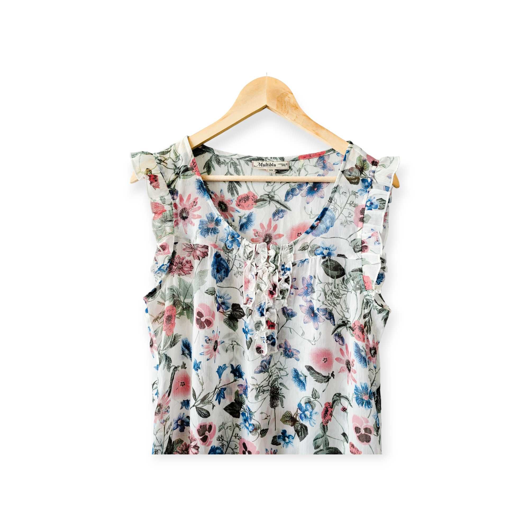 Kolorowa zwiewna bluzka damska M koszulka z falbanami boho kwiaty łąka