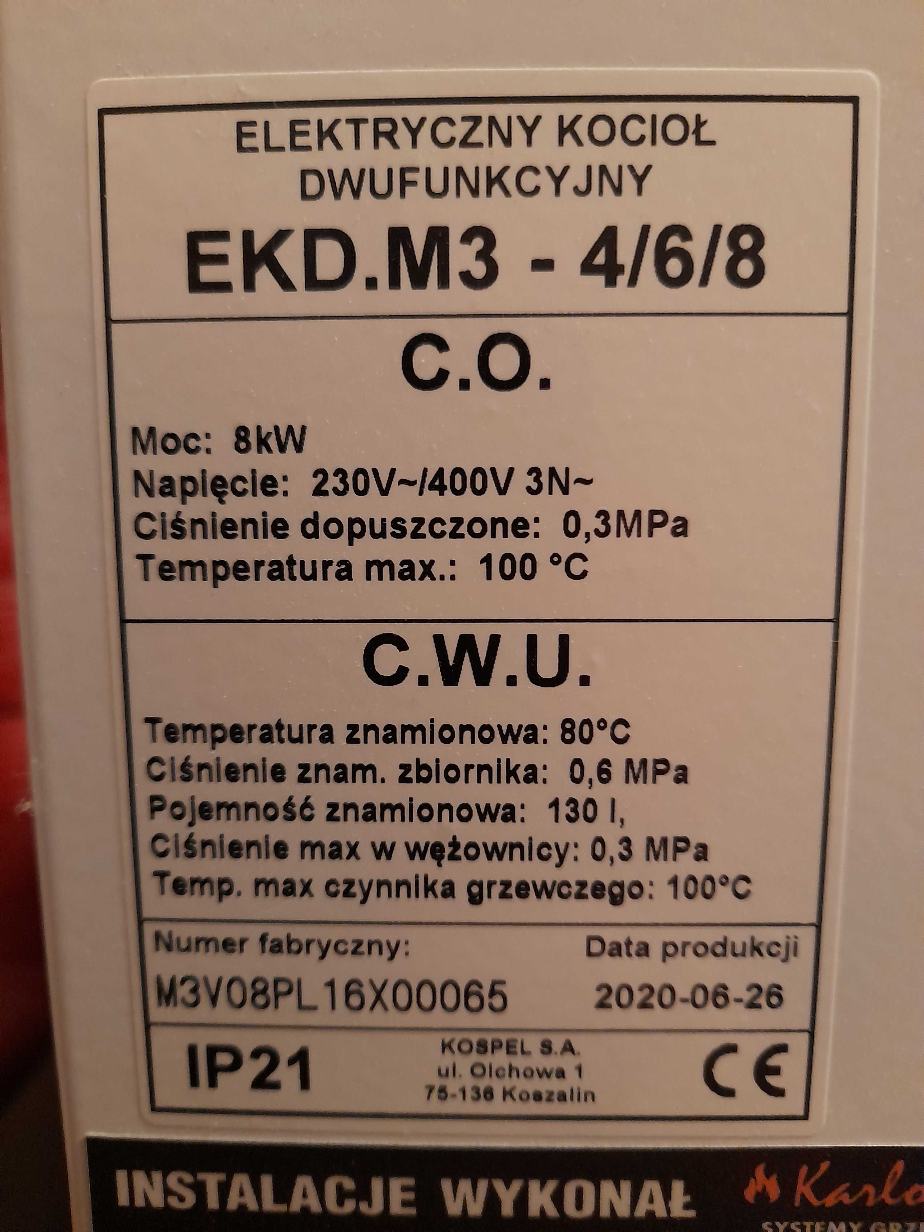 Sprzedam elektryczny kocioł dwufunkcyjny EKD.M3 mocy 4/6/8 kW