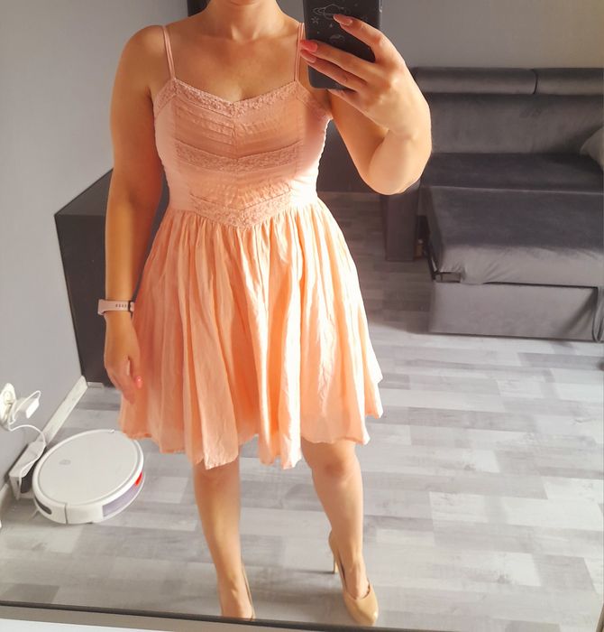 Morelowa sukienka cottage core szyfonowa koronka pudrowa romantic S M