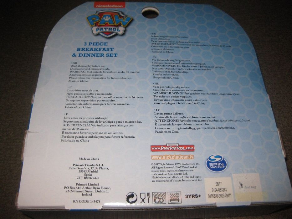 Set Pequeno Almoço e Jantar do "Paw Patrol" Novo e Embalado!