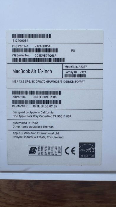 MacBook Air M1 2020, 16GB Ram, 512GB SSD
