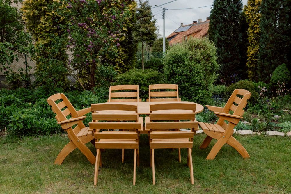 Meble ogrodowe drewniane, składane, 6 krzeseł + stół owalny X2