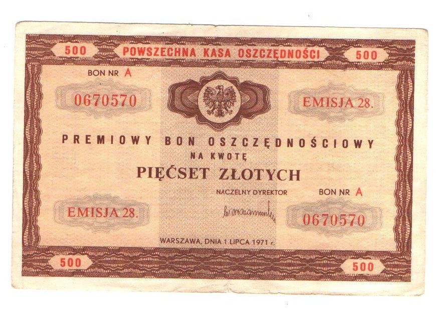 Bon oszczędnościowy 500 zł 1971r emisja 28 nr A [b179]