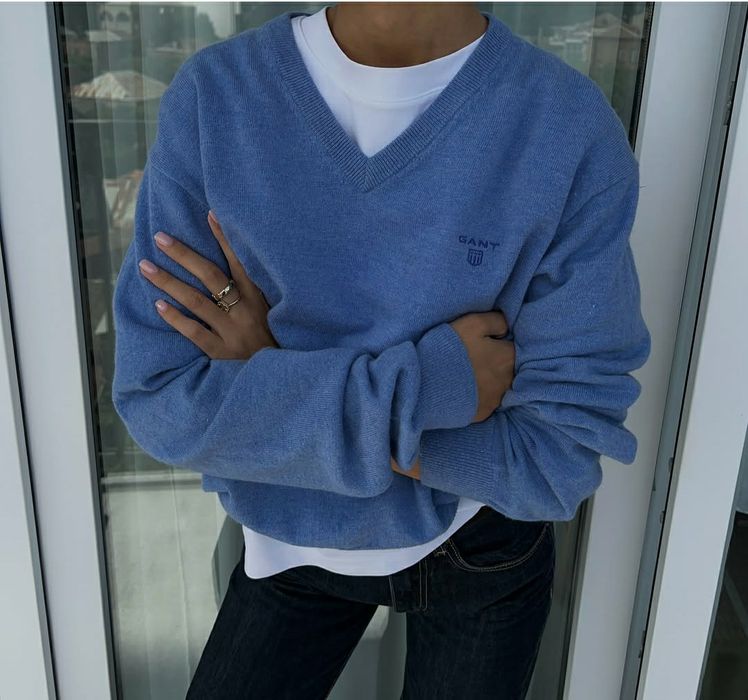 Синій вовняний светр з вишитим лого Gant джемпер вовна шерсть вінтаж