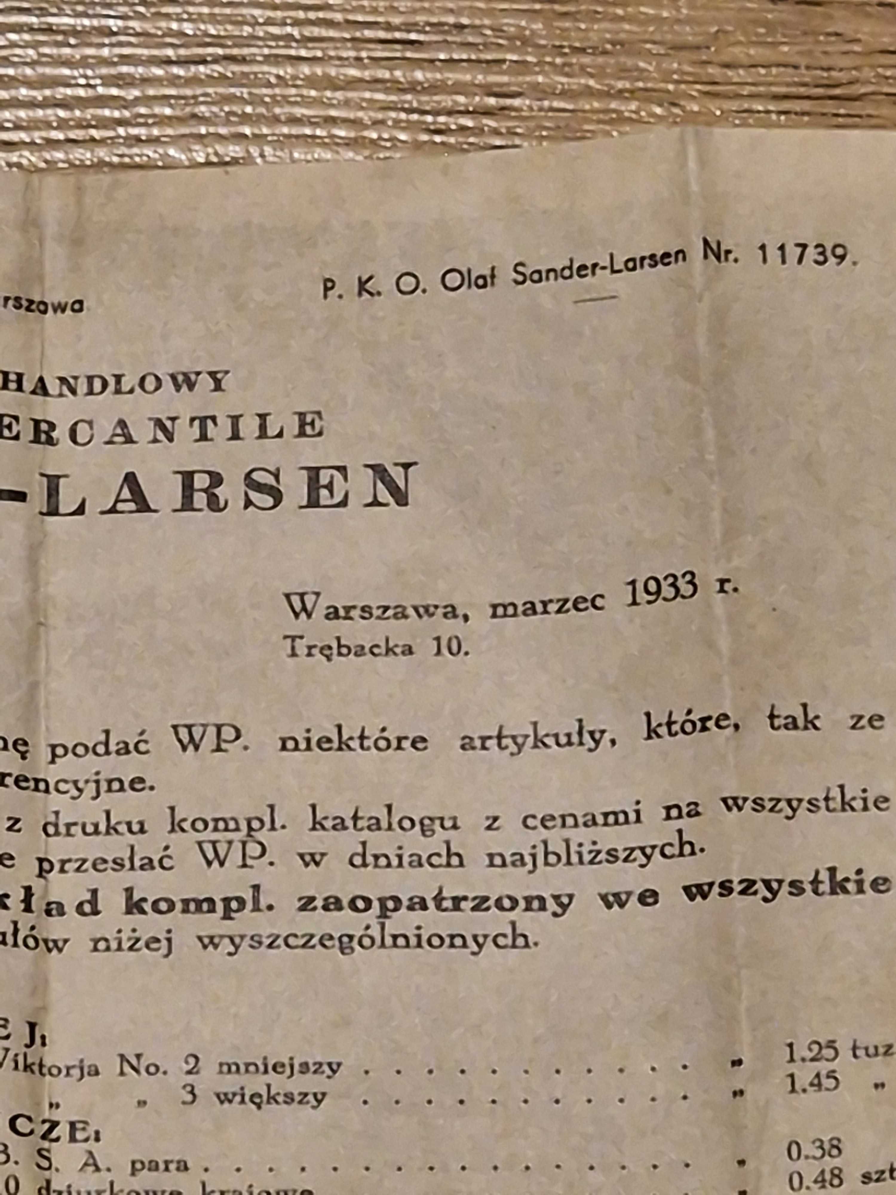 Cyrkularz cennik części rowerowych Warszawa 1933 Olaf Sander-Larsen