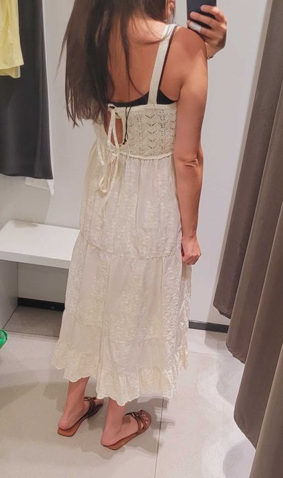 Długa kremowa sukienka bawełna Zara hafty szydełkowana S 36 nowa