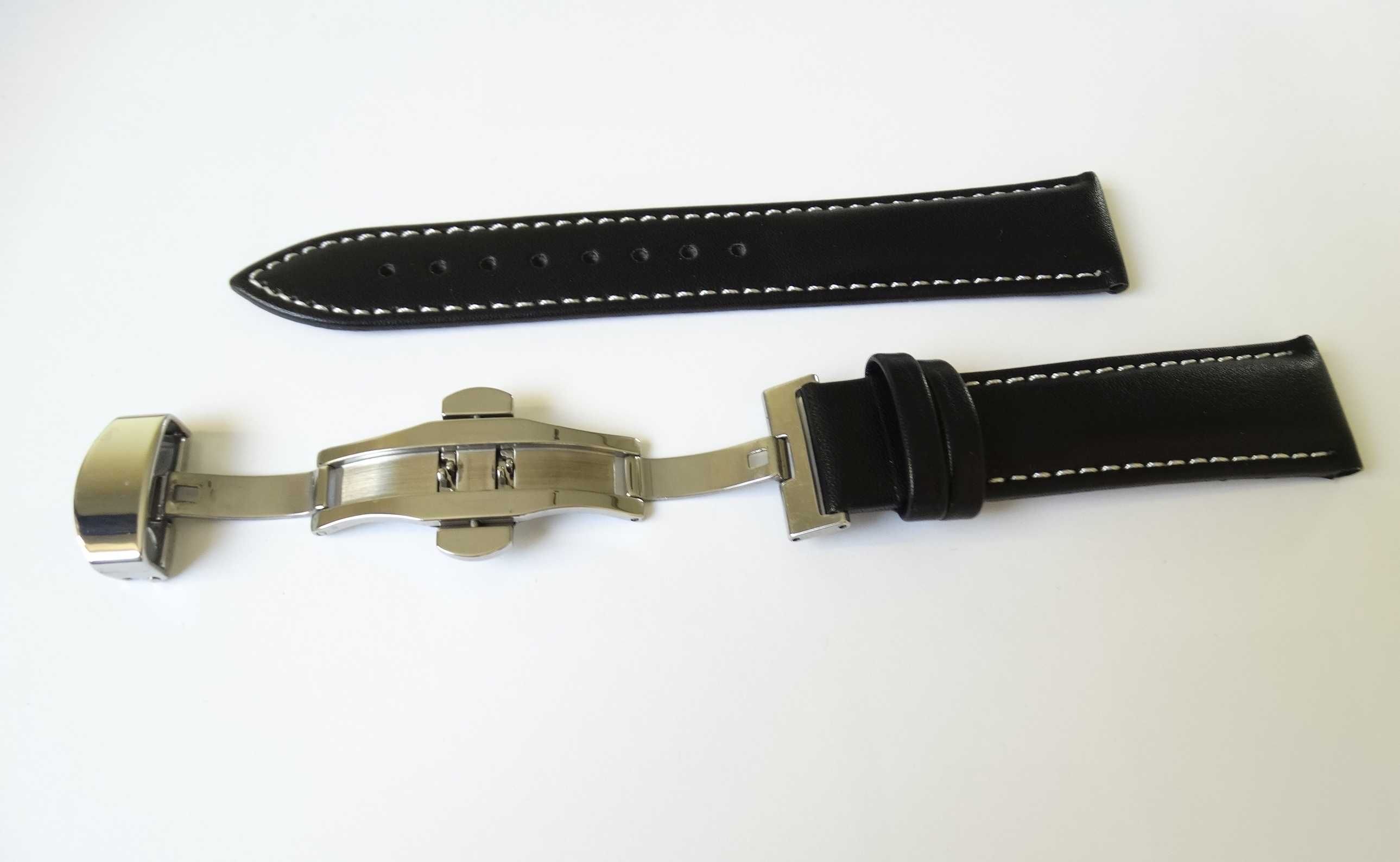 Pasek skórzany czarny gładki 20mm klamra zapięcie motylkowe do zegarka