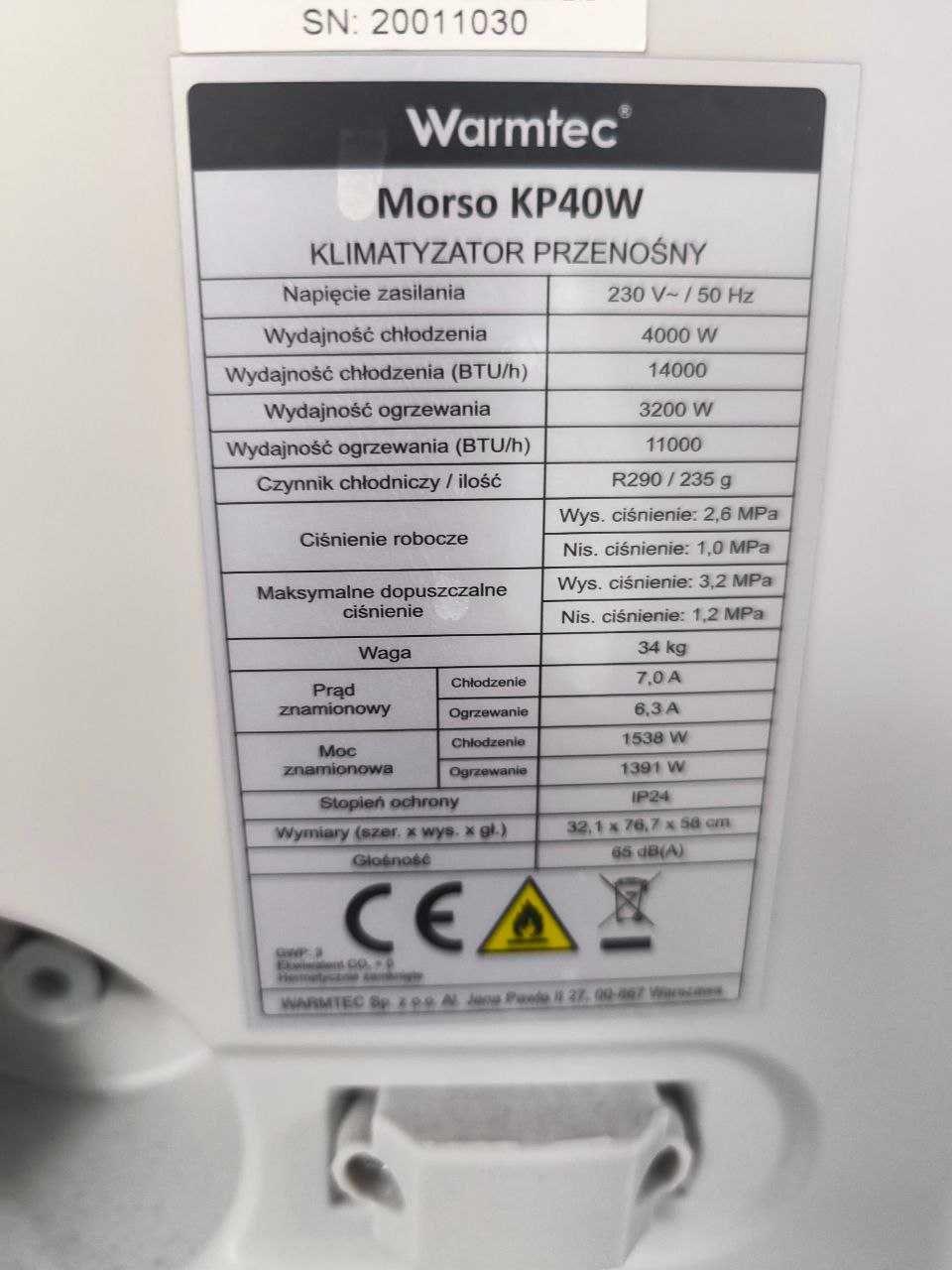 Klimatyzator Warmtec Morso+ KP40W 4000W z Wi-Fi do 46m² 4 tryby pracy