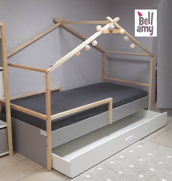 Łóżko DOMEK TeePee 90x200cm z szufladą Bellamy szare białe plus drewno