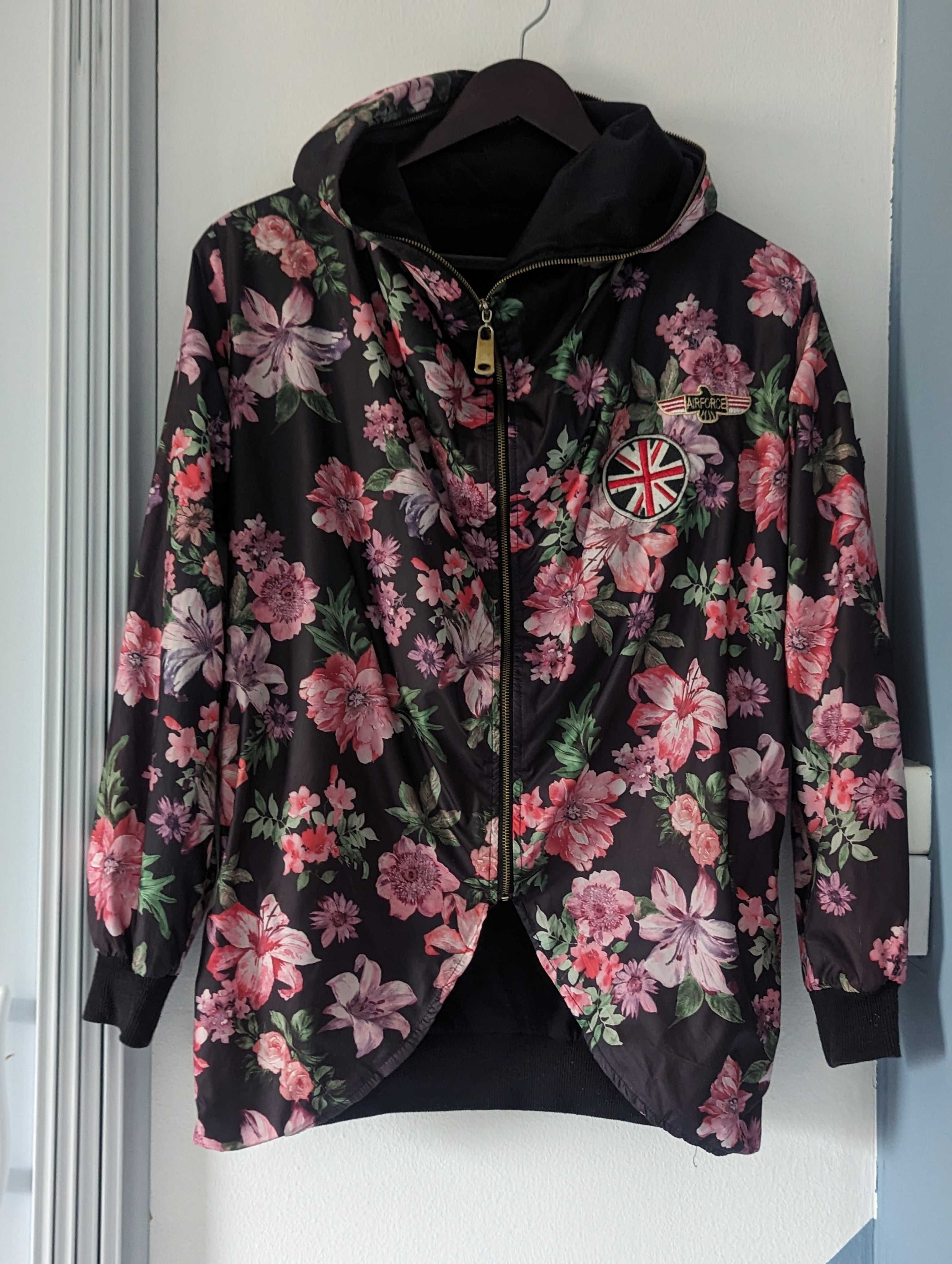 Kurtka wiosenna 36 S kwiaty flowers asymetryczna kolorowa z kapturem