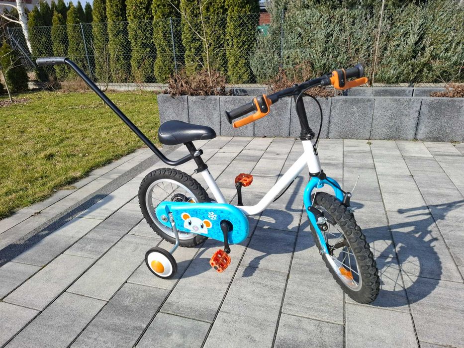 Rower dziecięcy 14 cali z bocznymi kółkami i kijem do prowadzenia