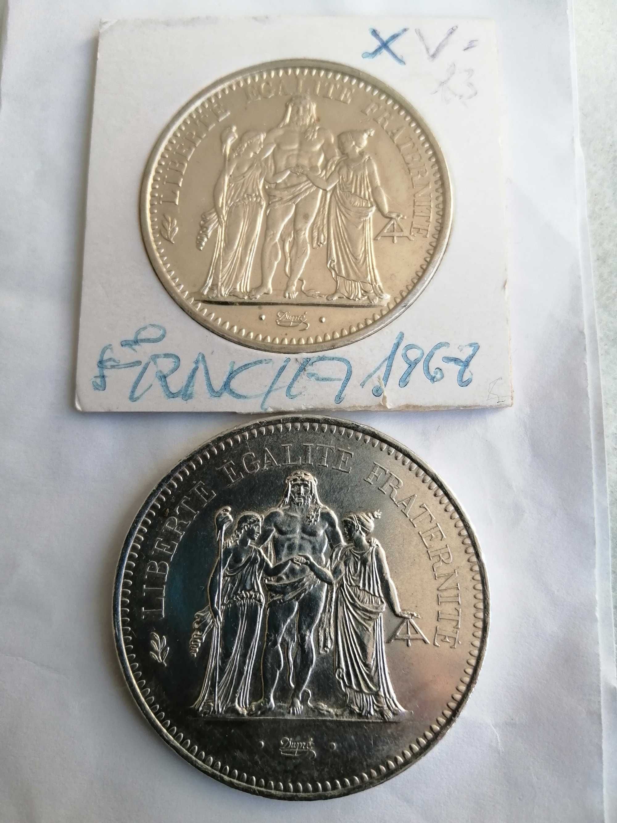 2 moedas de prata 900 de 10 e 50 Francos Franceses.