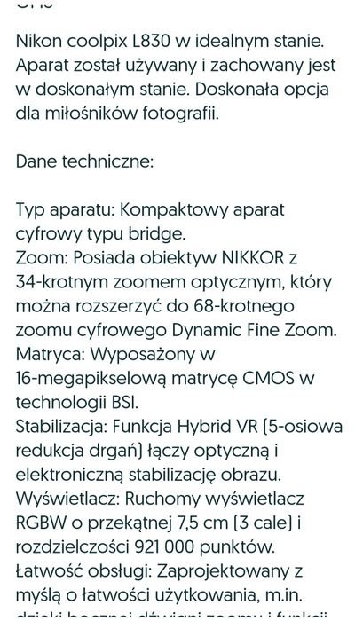 Aparat Nikon Coolpix L 830 stan super