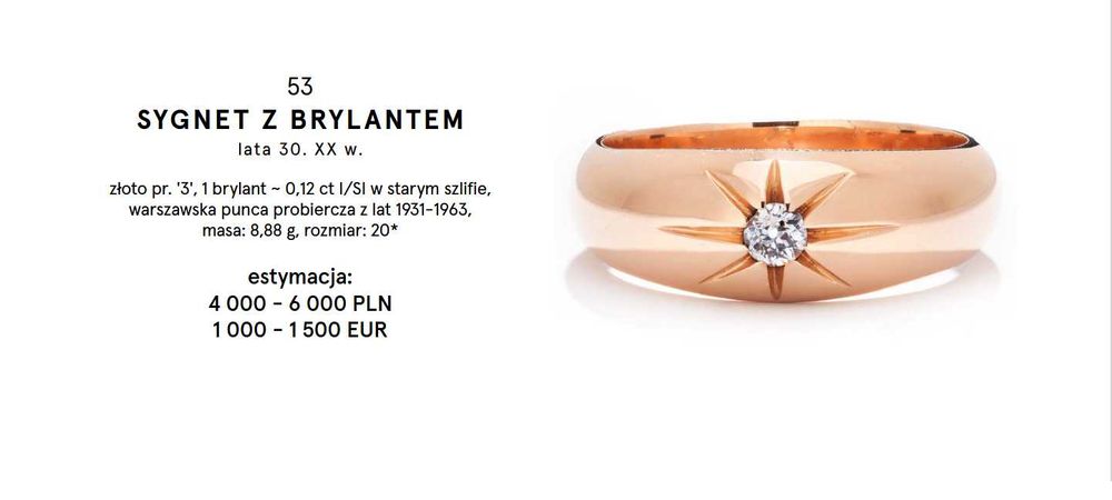 Złoty sygnet próby 3 z diamentem około 0,13 ct z lat 1920 / 31