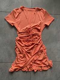 Pomarańczowa sukienka letnia drapowana krótka L/40 elastyczna mini hit