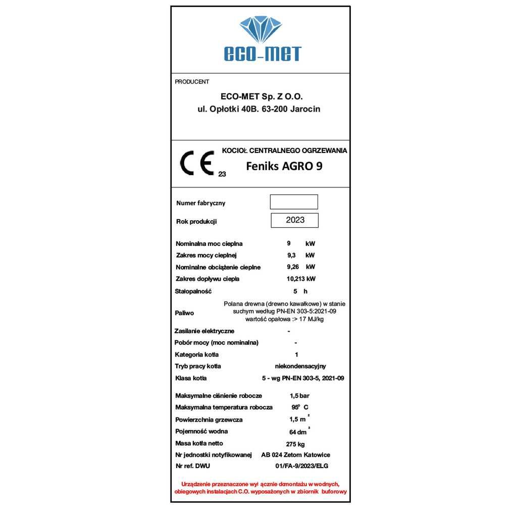 Kocioł do spalania drewna Feniks AGRO 20kW ECODESIGN 5 Klasa Lista ZUM