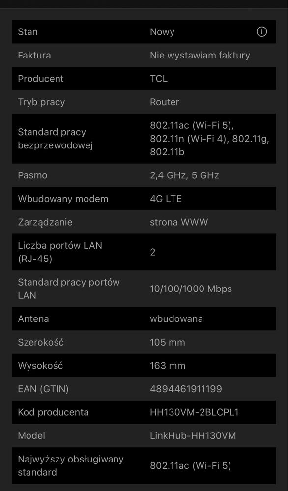 Router TCL LinkHub-HH130VM 802.11ac (Wi-Fi 5), 802.11g CAT13