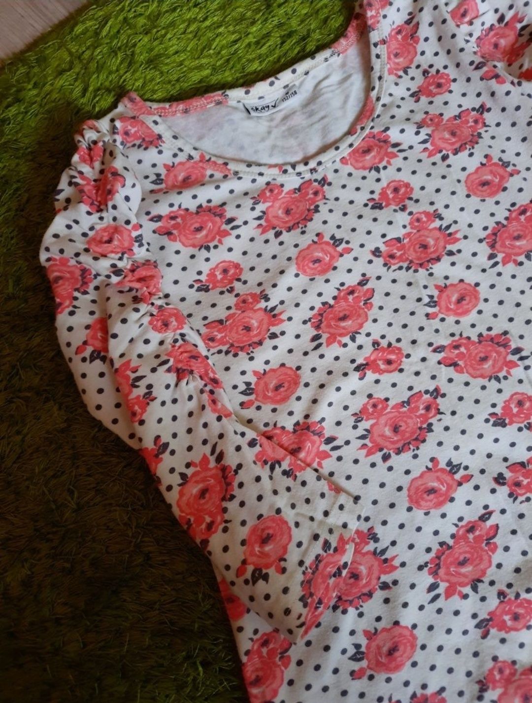 Bluzka koszulka z bufkami biała różowe kwiatki groszki kik XS S 34 36