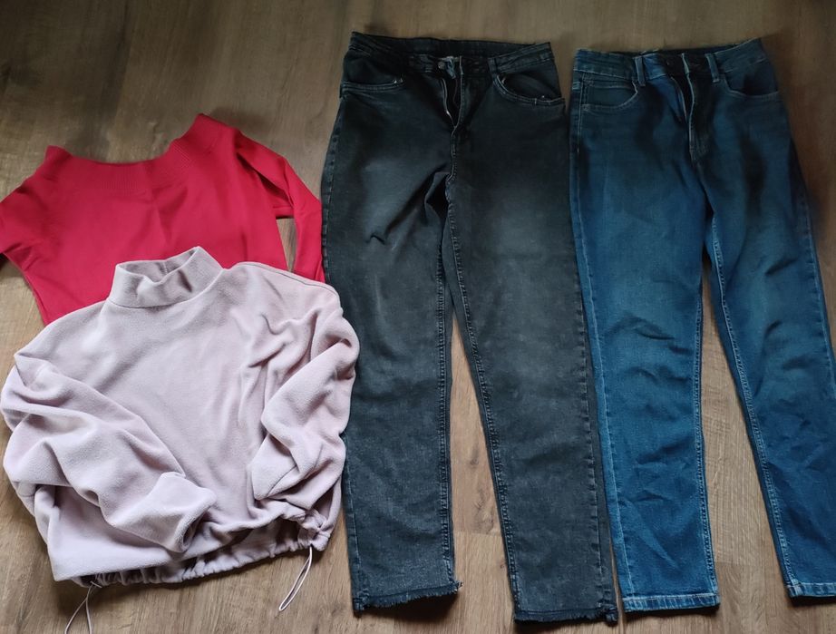 Zestaw 4 szt. Spodnie jeansy i dwie bluzki 165 cm.