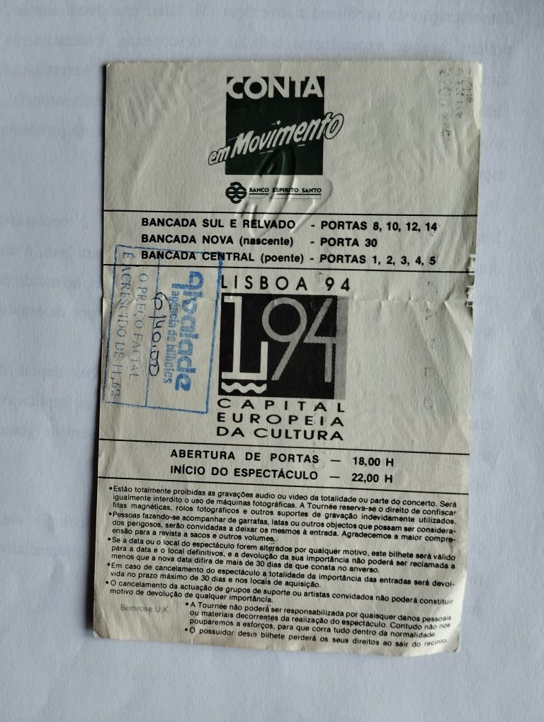 Bilhete concerto dos Pink Floyd Portugal 1994