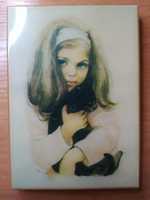 Obraz, obrazek. Dziewczynka z kotem. Vintage . Starocie. PRL.