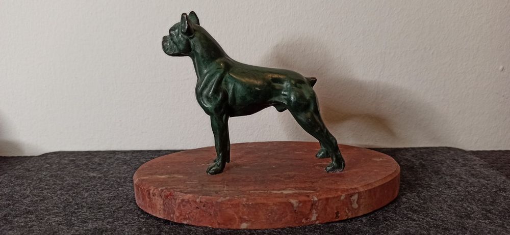 Figura Francja Brąz Pies Bokser Cokół Marmur h 14 cm waga 1,3 kg