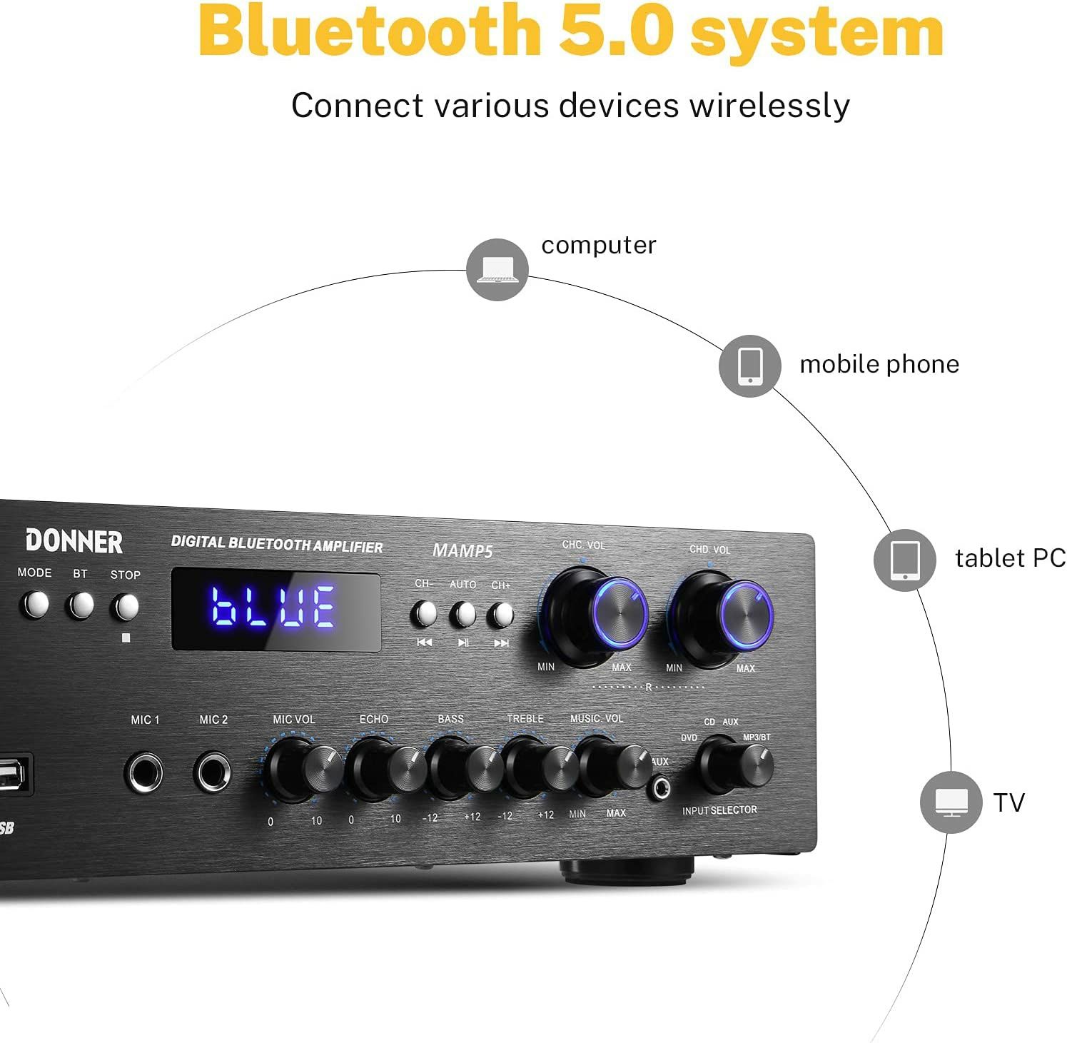 Стереопідсилювач звуку Donner Bluetooth 5, 4канали,  USB, SD, FM