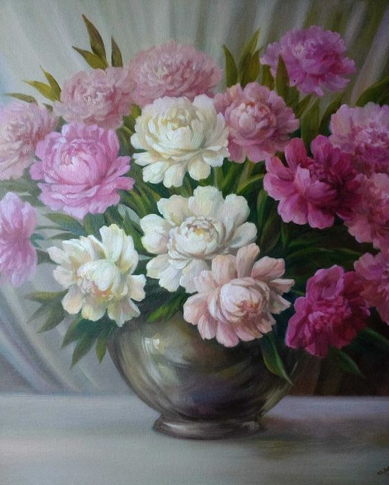 "Букет пионов в вазе",картина маслом