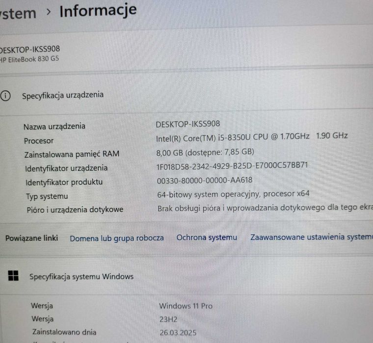 HP Elitebook i5-8350U, 1,7GHz, 8 GB RAM, Windows 11 Pro, gratisy