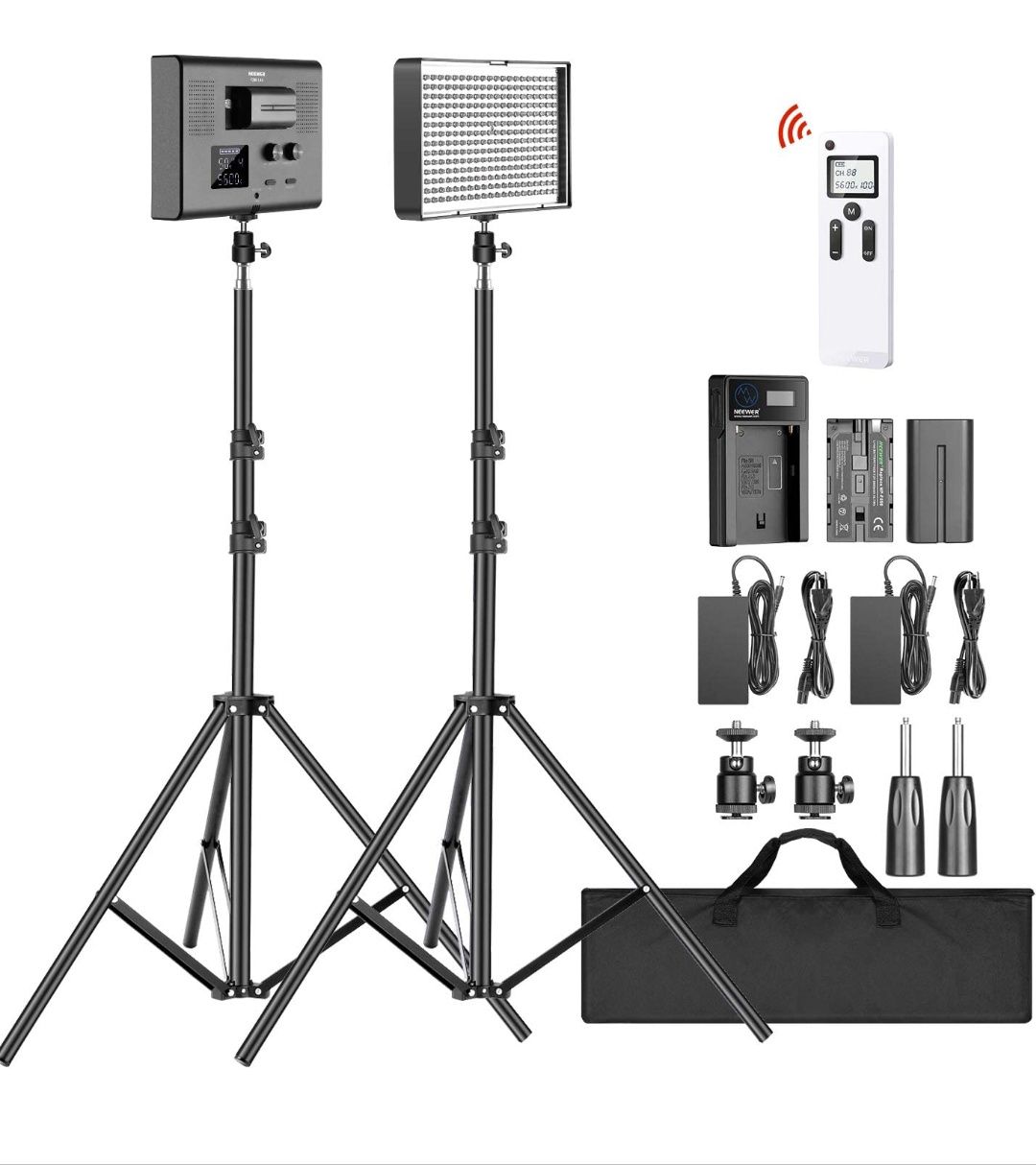 Kit 2 iluminadores, tripés, baterias, carregador e comando Neewer P280